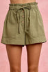 SO ME olive green cotton paper bag twill shorts with drawstring waist