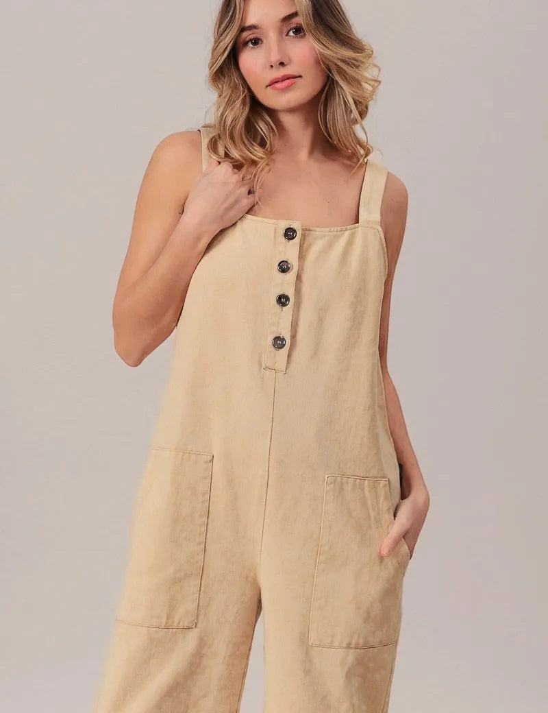 BiBi Washed Denim Buttoned Overall Jumpsuit | Jumpsuits Daverri Fashions