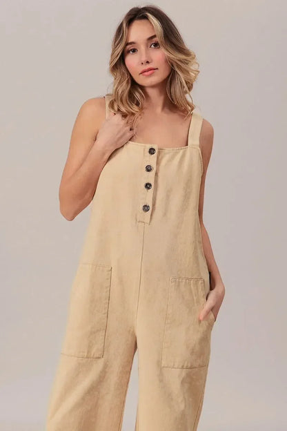 BiBi Washed Denim Buttoned Overall Jumpsuit - DAVERRI FASHIONS