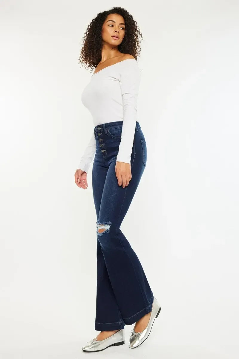 Kancan Button Fly High Rise Distressed Flare Jeans - DAVERRI FASHIONS