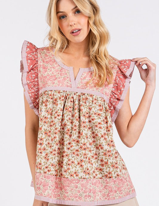 Mittoshop Floral Notched Ruffled Cap Sleeve Blouse Rose Pink