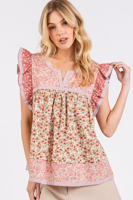 Mittoshop Floral Notched Ruffled Cap Sleeve Blouse Rose Pink