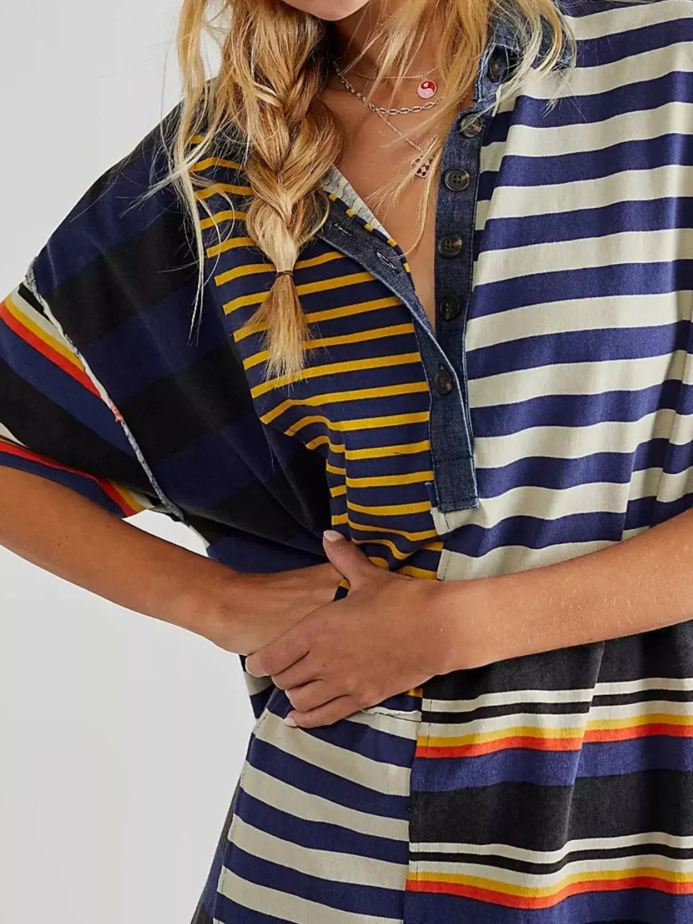 Striped Oversized Half Button Shirt Dress - DAVERRI FASHIONS