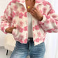 Pink floral patches fuzzy fleece zip-up jacket with shearling texture