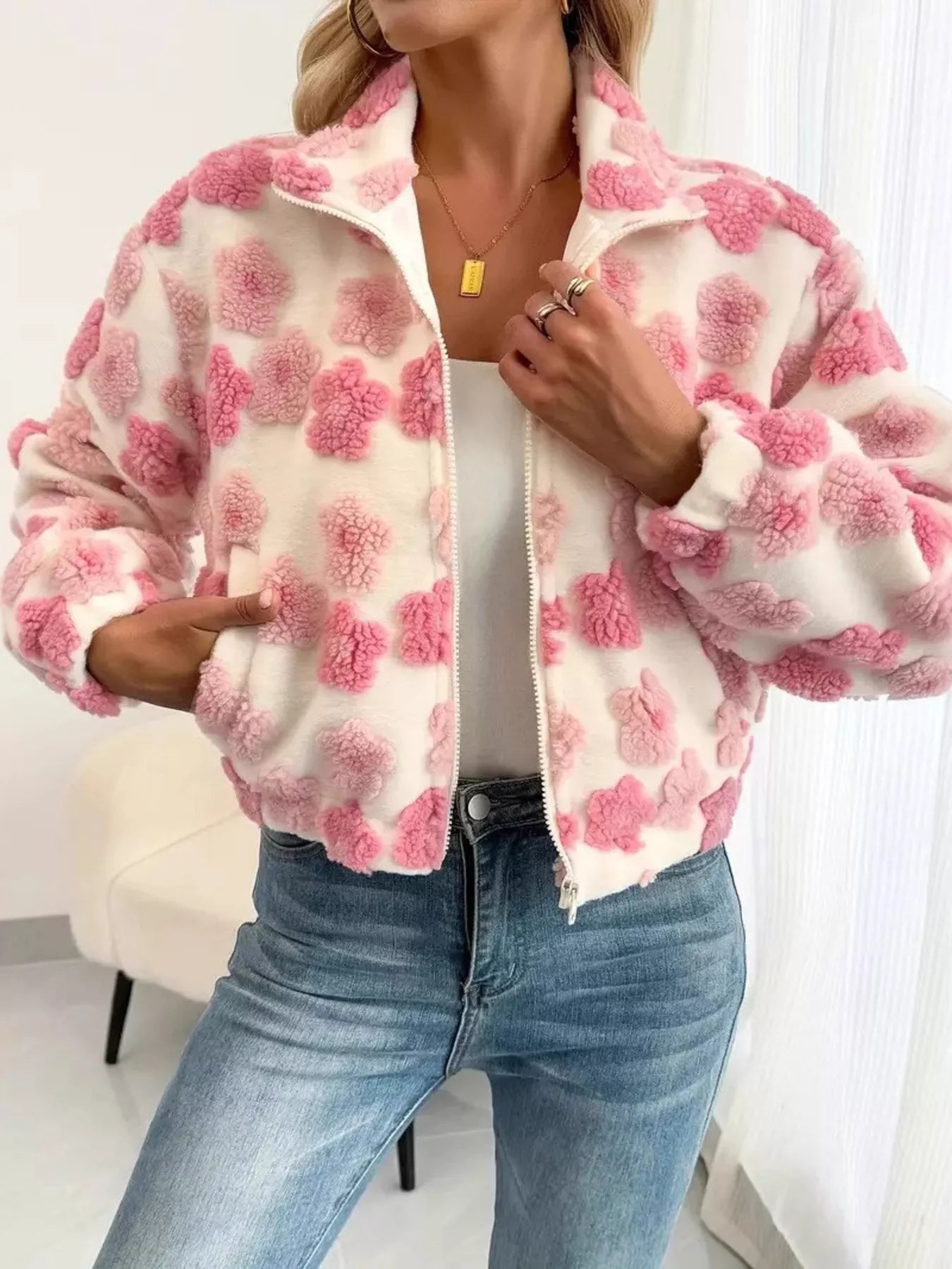 Pink floral patches fuzzy fleece zip-up jacket with shearling texture