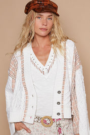 POL Cable-Knit Plaid V-Neck Button Up Cardigan White