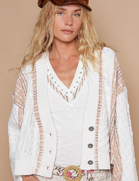 POL Cable-Knit Plaid V-Neck Button Up Cardigan White