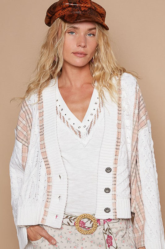 POL Cable-Knit Plaid V-Neck Button Up Cardigan White