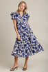 Umgee Full Size Floral Collared Ruffle Cap Sleeve Midi Dress Plus Size Navy M Mid Dresses