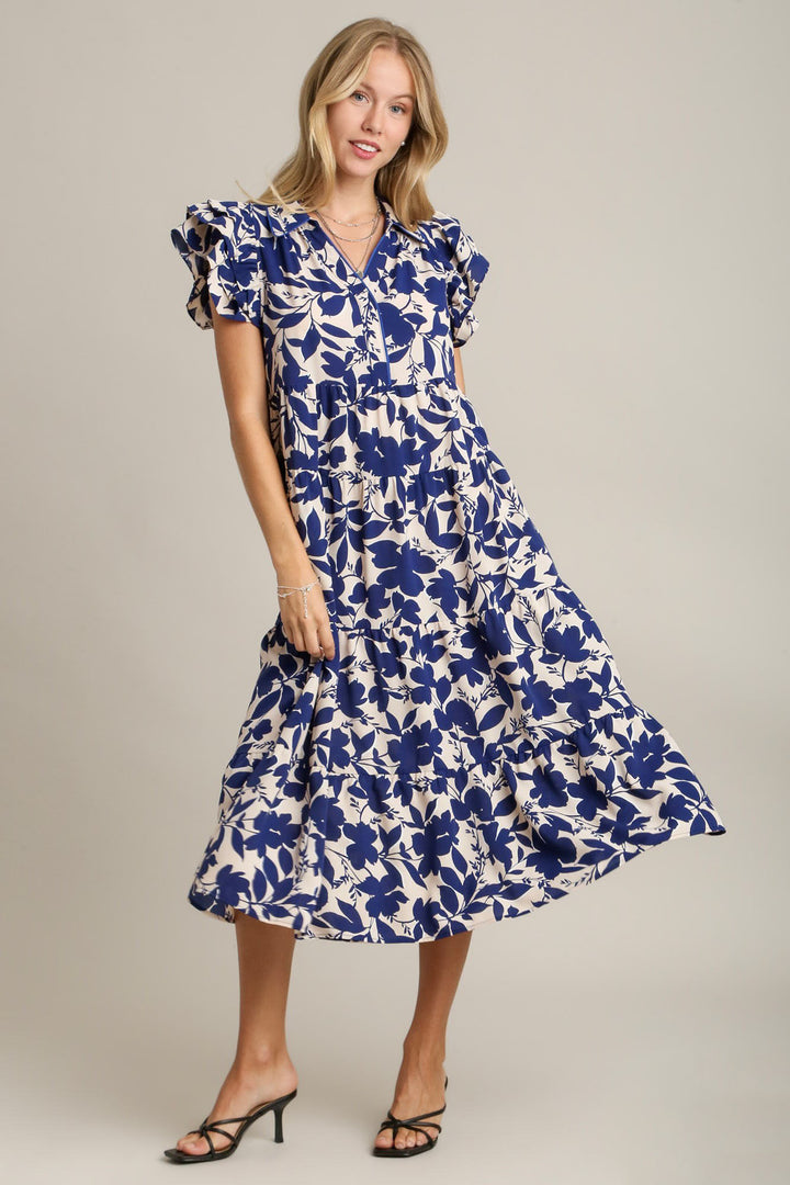 Umgee Full Size Floral Collared Ruffle Cap Sleeve Midi Dress Plus Size Navy