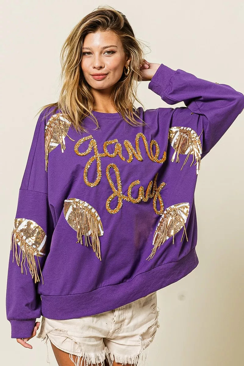 BiBi Sequin Football Patches Game Day Sweatshirt | Sweatshirts Daverri Fashions