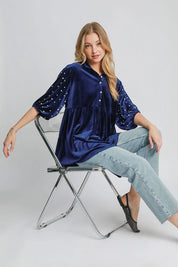 Umgee Pearl Detail Collared Neck Velvet Babydoll Blouse | Blouses Daverri Fashions