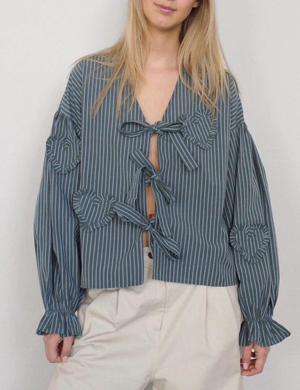 Stripe Tied Flounce Sleeve Blouse | Blouses Daverri Fashions