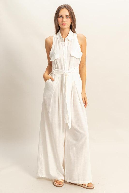 HYFVE Sleeveless Tie Waist Wide Leg Jumpsuit Jumpsuits