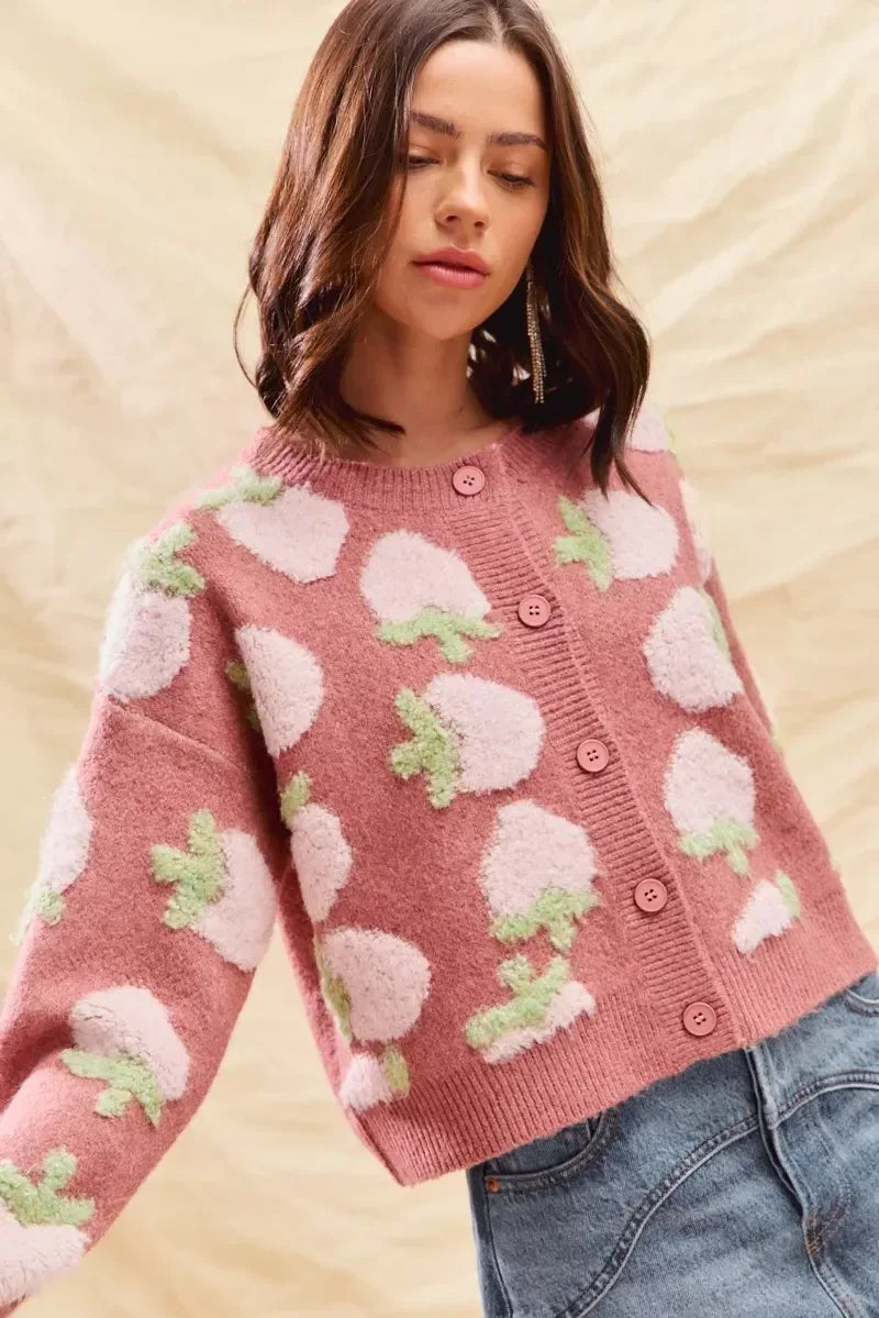 SO ME Strawberry Fruit All Over Button Sweater Cardigan - DAVERRI FASHIONS