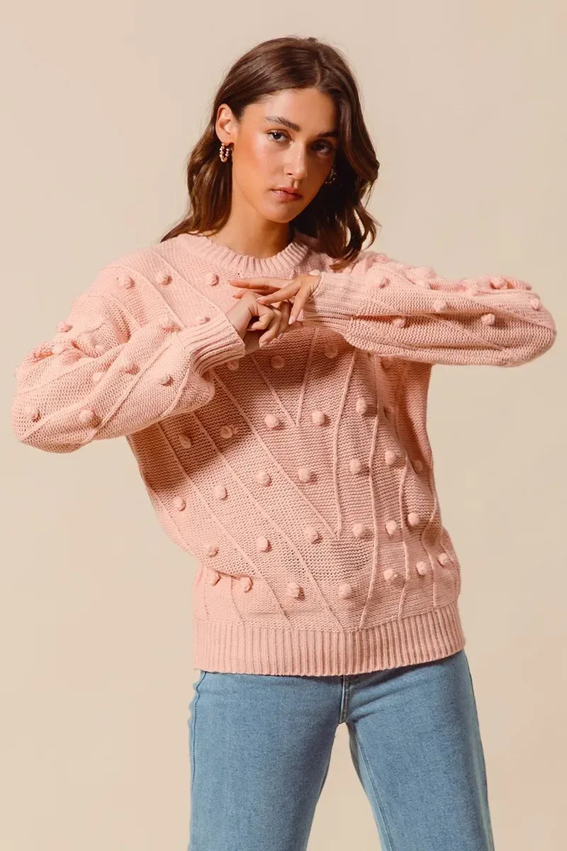 SO ME Pom Pom Textured Knit Sweater Top - DAVERRI FASHIONS