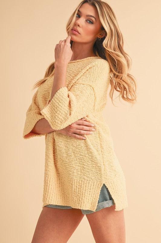 Aemi + Co Side Slit Ribbed Hem Round Neck Sweater Sweaters