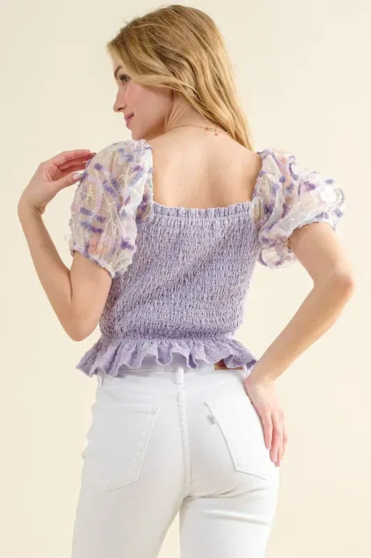 And The Why Embellishment Sleeve Smocked Top - DAVERRI FASHIONS