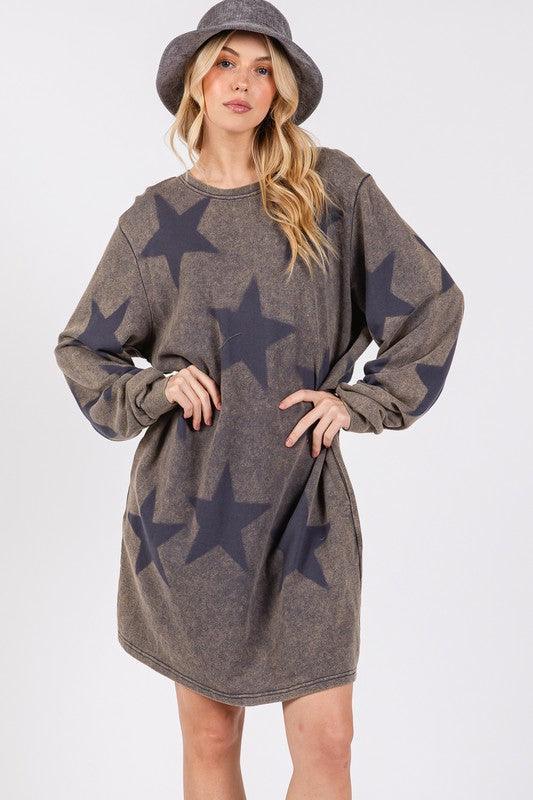 SAGE + FIG Washed Star Print Round Neck Dress - DAVERRI FASHIONS