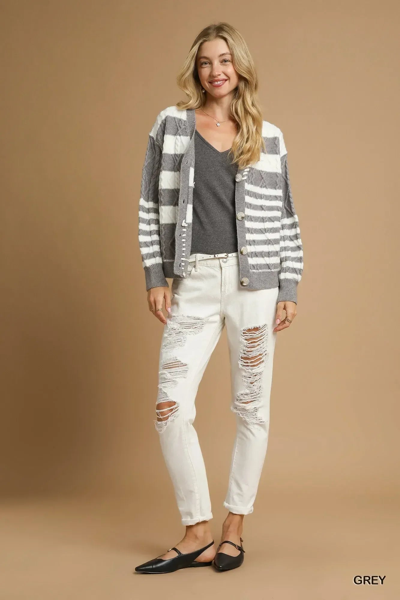 Umgee Cable-Knit Stripe Button-Up Cardigan - DAVERRI FASHIONS