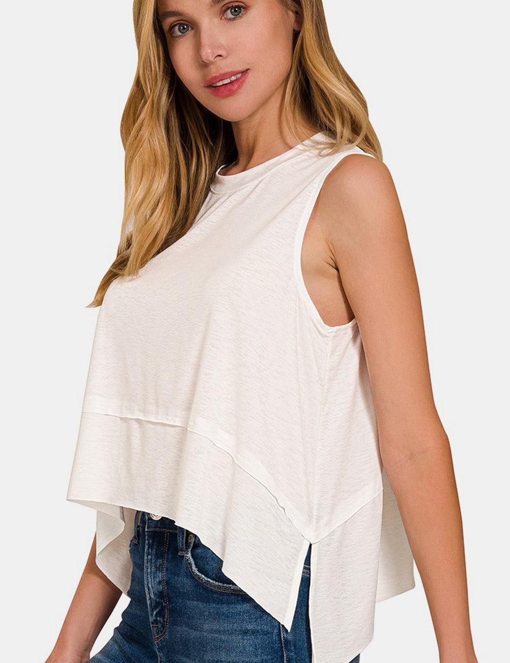 Zenana Slit High-Low Round Neck Tank Ivory Tank Tops