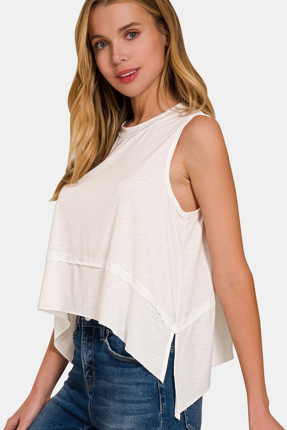 Zenana Slit High-Low Round Neck Tank Ivory Tank Tops