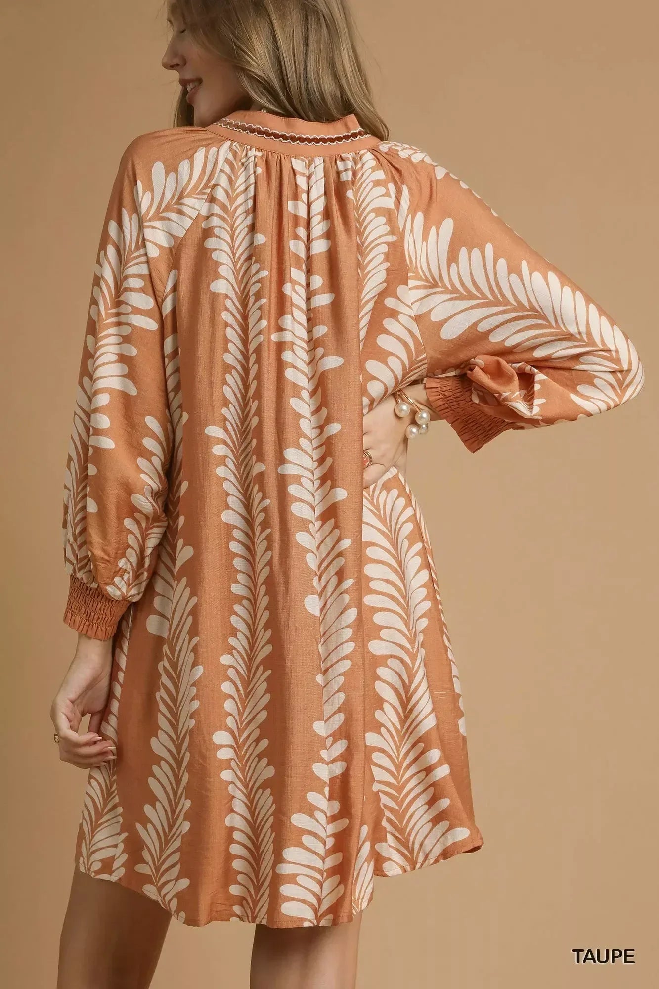 Umgee Leaf Print Notched Mini Babydoll Dress - DAVERRI FASHIONS