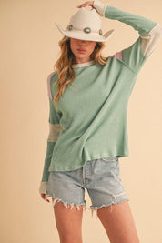 Aemi + Co Raw Seam Color Block Round Neck Knit Top | Tops Daverri Fashions