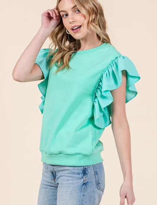 Lime 'N' Chili Solid Shoulder Ruffle Detail Round Neck Top | Tops Daverri Fashions