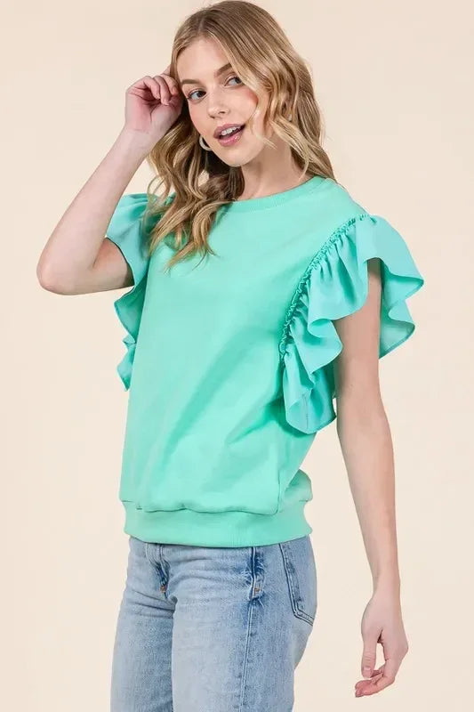 Lime 'N' Chili Solid Shoulder Ruffle Detail Round Neck Top - DAVERRI FASHIONS