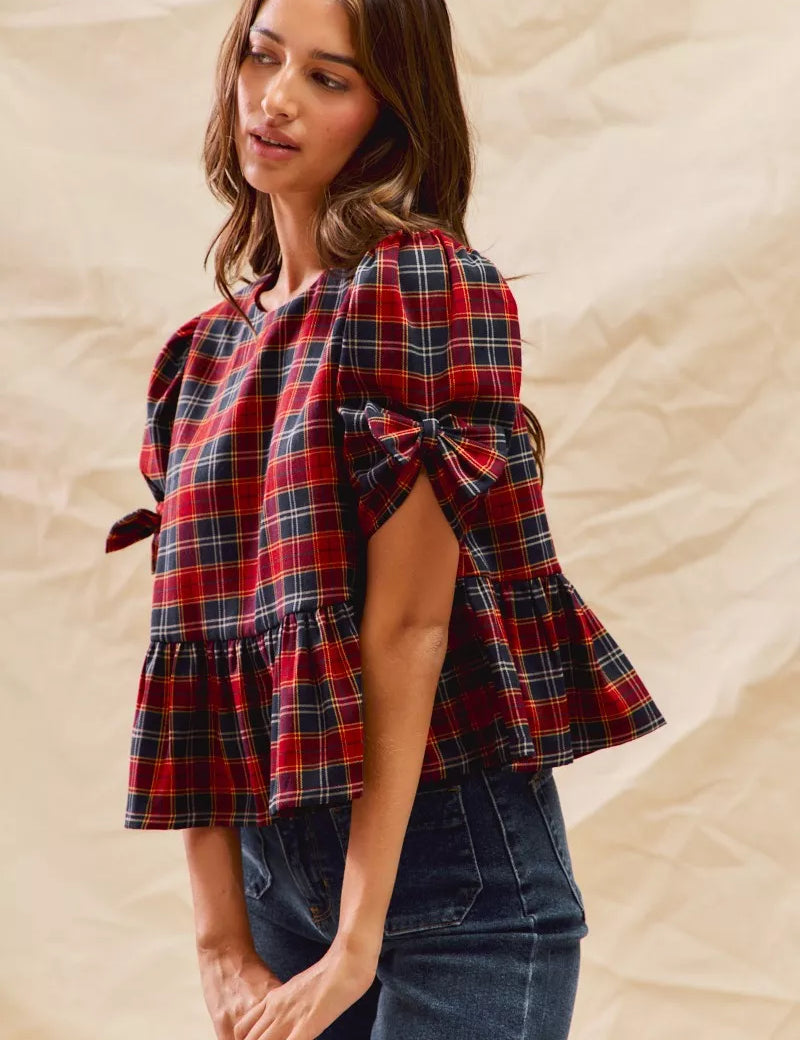 SO ME Christmas Holiday Plaid Ribbon Short Sleeves Top | Blouses Daverri Fashions