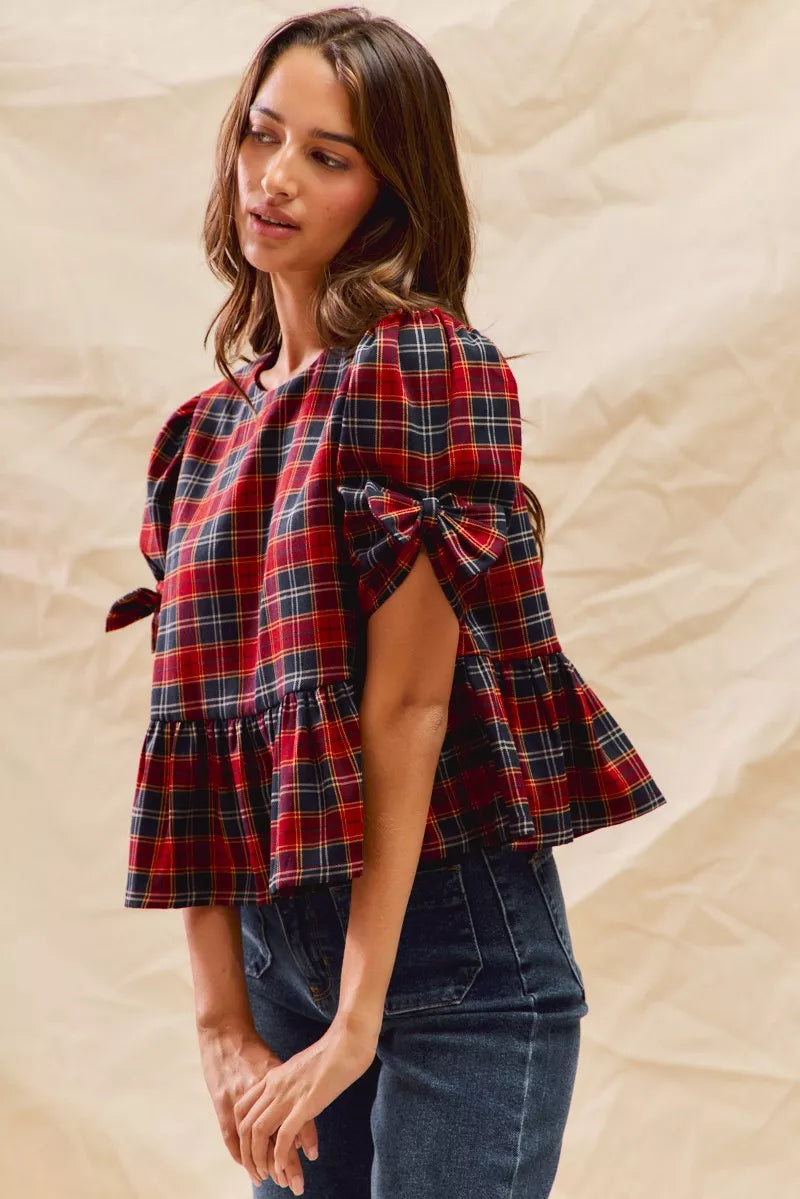 SO ME Christmas Holiday Plaid Ribbon Short Sleeves Top | Blouses Daverri Fashions