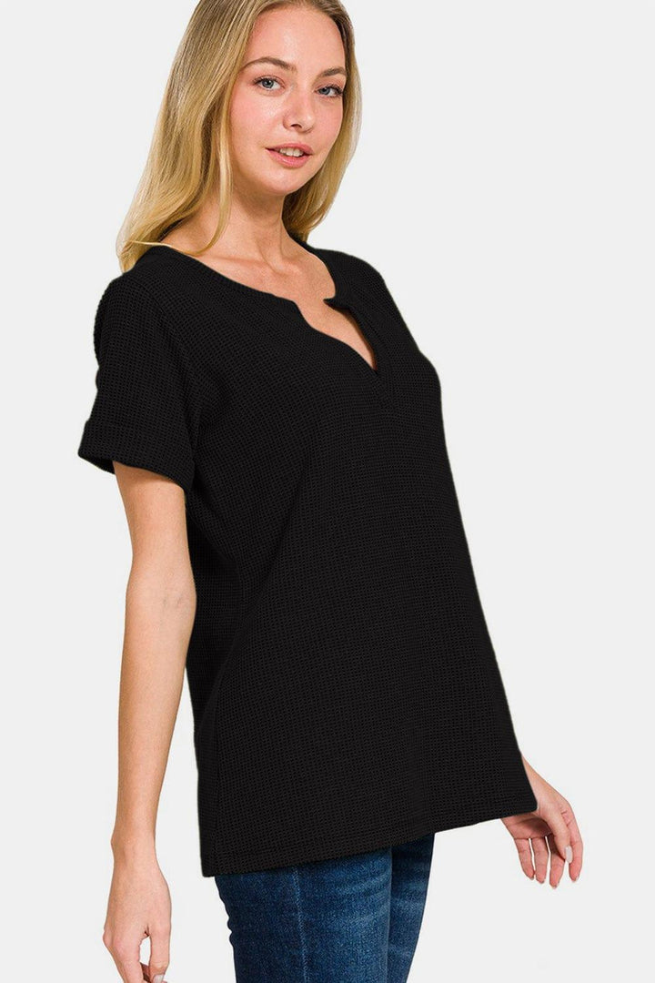 Zenana Notched Short Sleeve Waffle T-Shirt Shirts & Tops