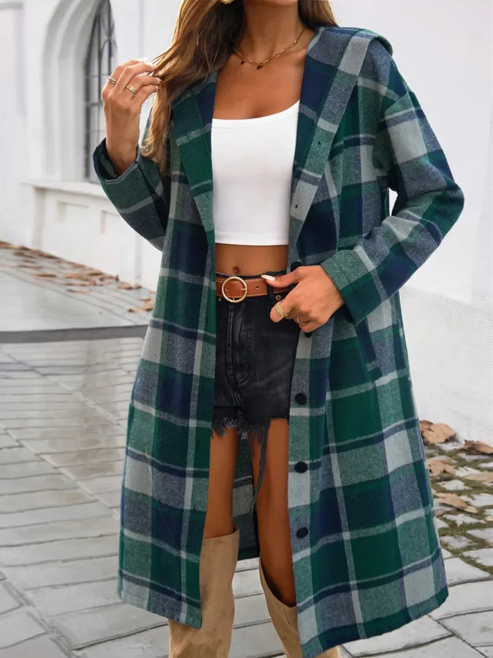 Devine Plaid Long Sleeve Hooded Coat - DAVERRI FASHIONS