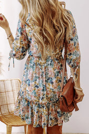Floral printed V-neck half sleeve mini dress with ruffles