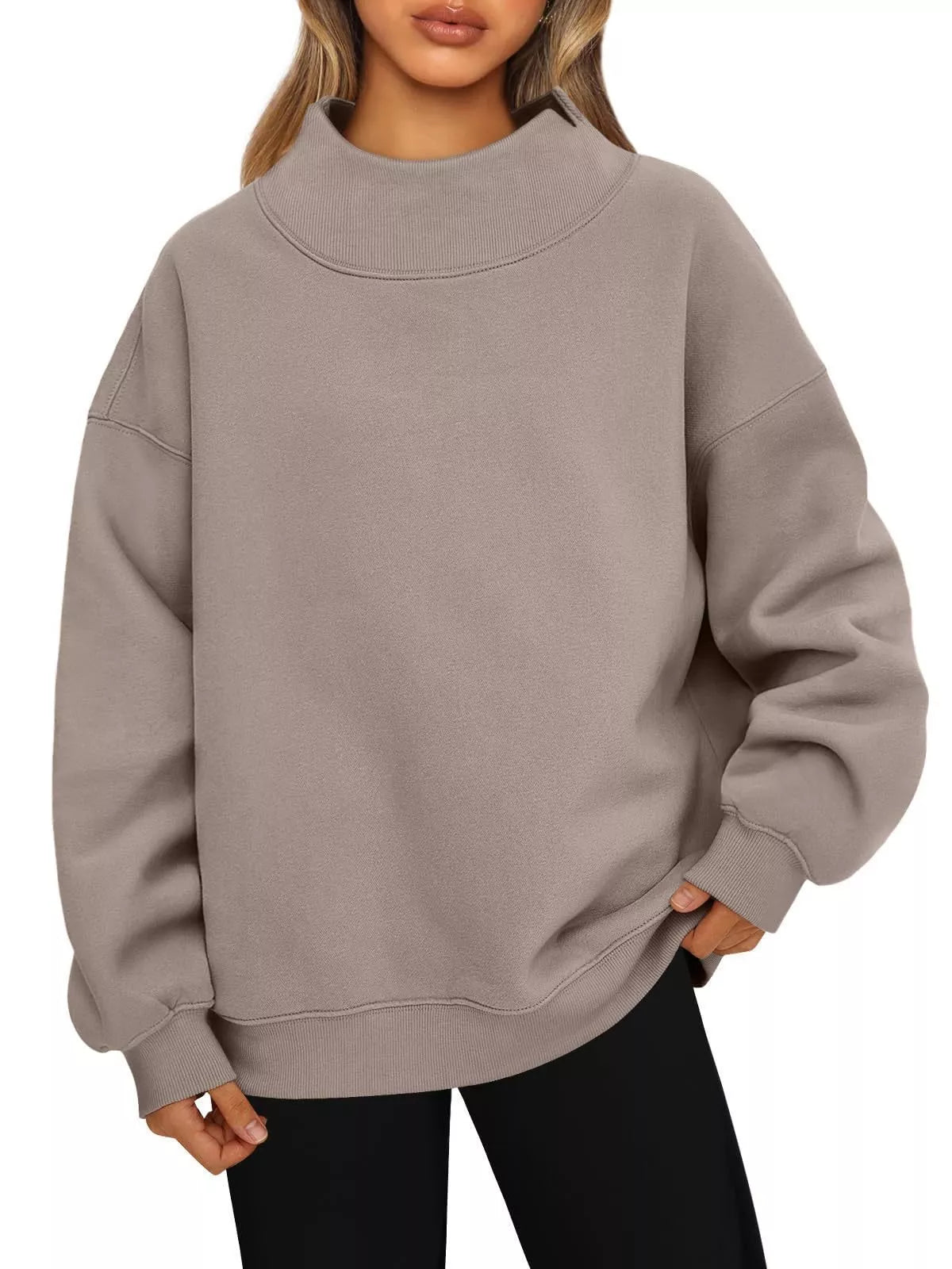 Cozy oversized taupe mock neck dropped shoulder sweatshirt with ribbed cuffs