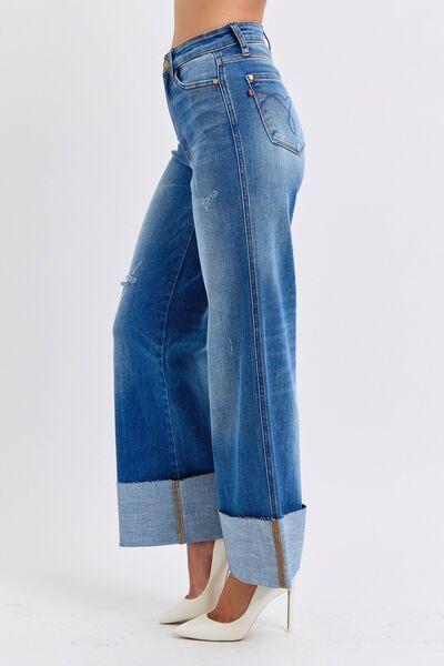 Judy Blue Full Size Distressed High Waist Wide Leg Jeans - DAVERRI FASHIONS