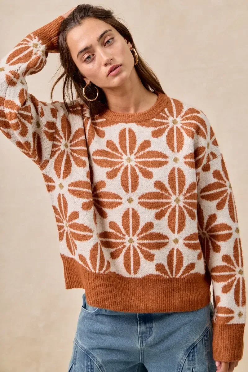 BiBi Flower Pattern Long Sleeve Sweater - DAVERRI FASHIONS