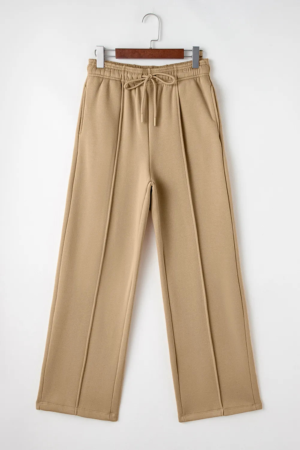 Women’s tan drawstring waist wide-leg pants with pockets