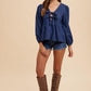 Annie Wear Navy Tie Front Peplum Long Sleeve Denim Top Tops