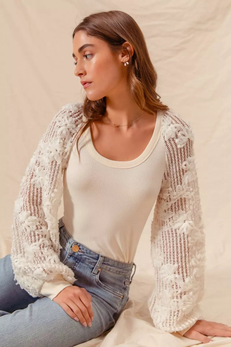 SO ME Rib Knit Top with Lace Balloon Sleeves | Knit Tops Daverri Fashions