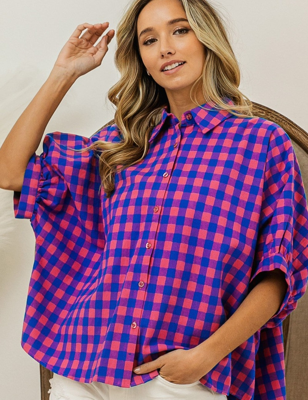 BiBi Plaid Button Up Dolman Sleeve Shirt Navy Pink