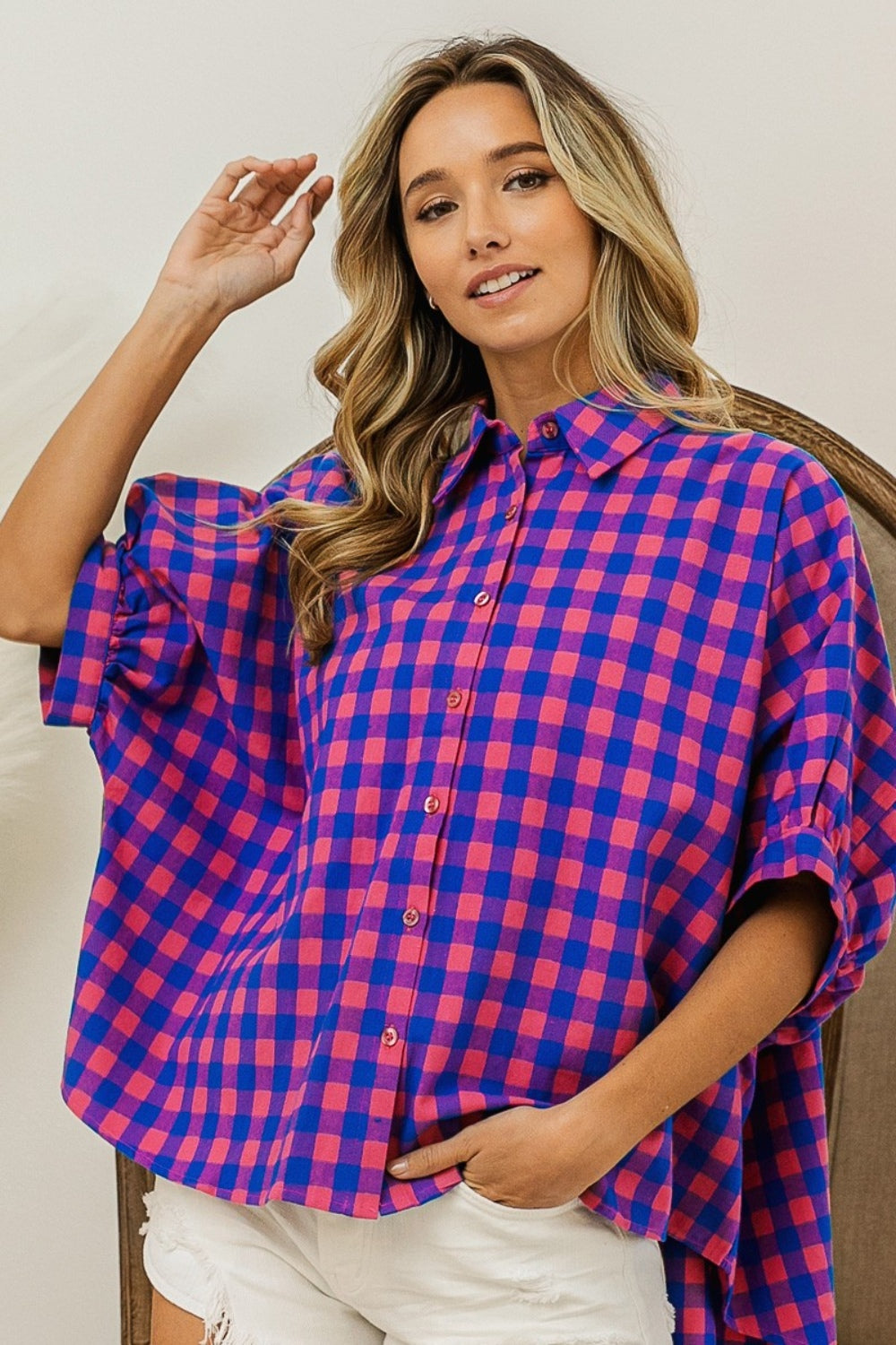 BiBi Plaid Button Up Dolman Sleeve Shirt Navy Pink