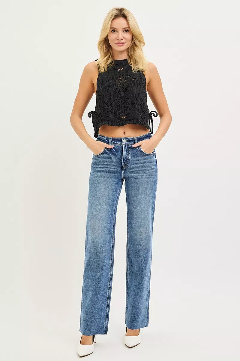 RISEN Tummy Control Mid Rise Straight Blue Denim Jeans back view