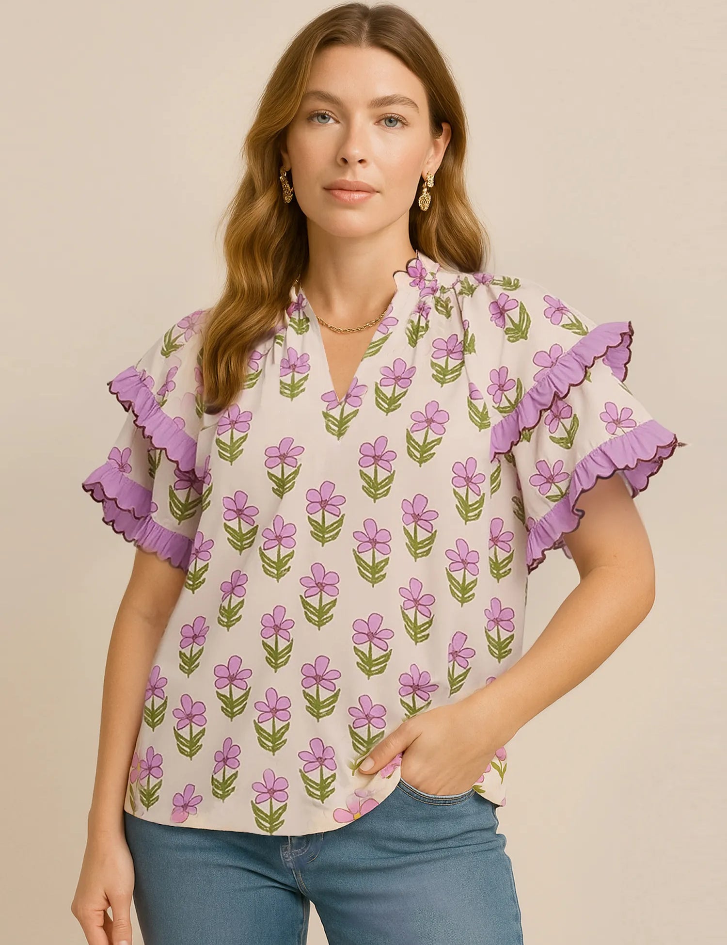 Pink Purple Umgee Floral Print Ruffle Short Sleeve Blouse | Daverri Fashions