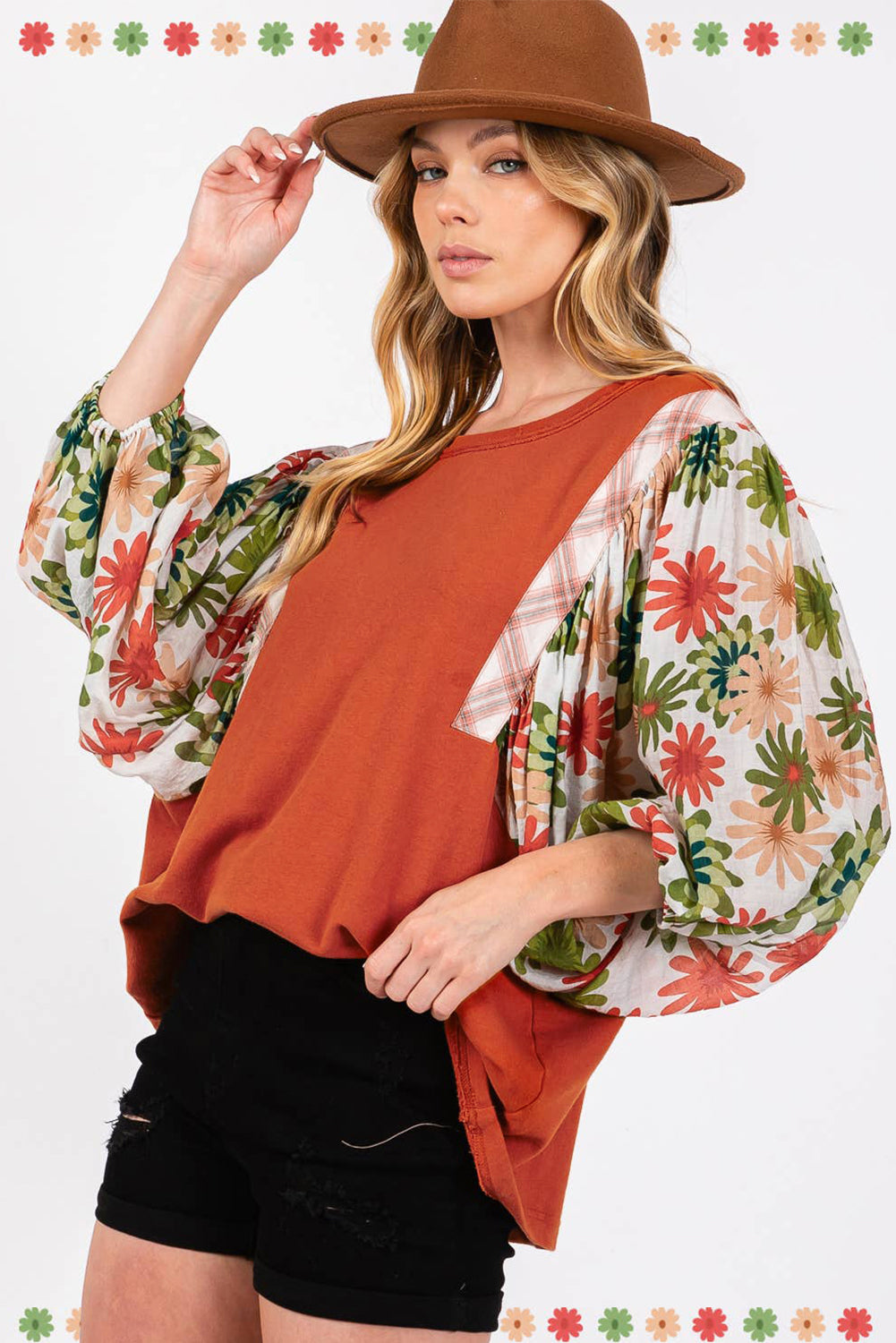 Desert Gold Floral Puff Sleeve Patchwork Round Neck Blouse | Blouses Daverri Fashions