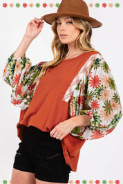 Desert Gold Floral Puff Sleeve Patchwork Round Neck Blouse | Blouses Daverri Fashions