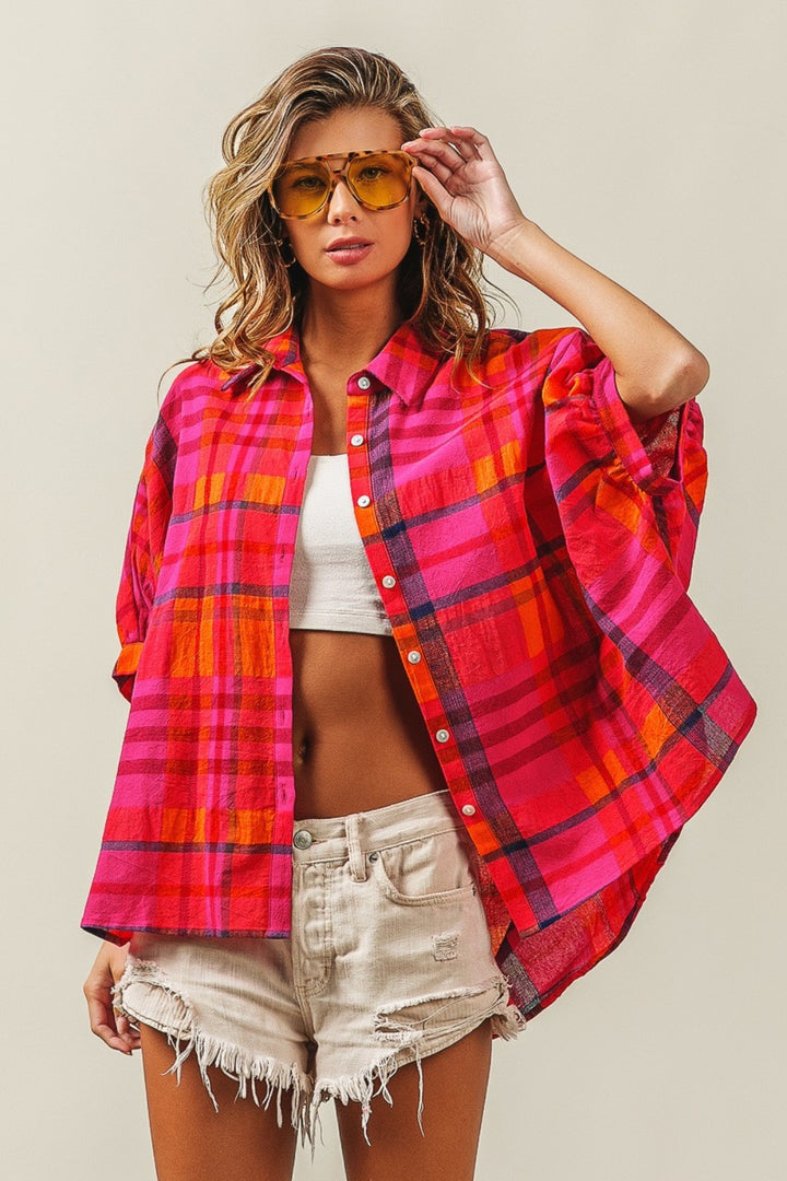 BiBi Button Up Dolman Sleeve Plaid Shirt Fuchsia Multi