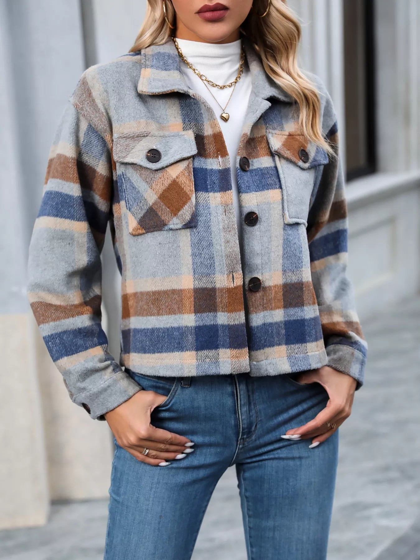 Plaid Oversized Button-Up Cropped Jacket | Jackets Daverri Fashions