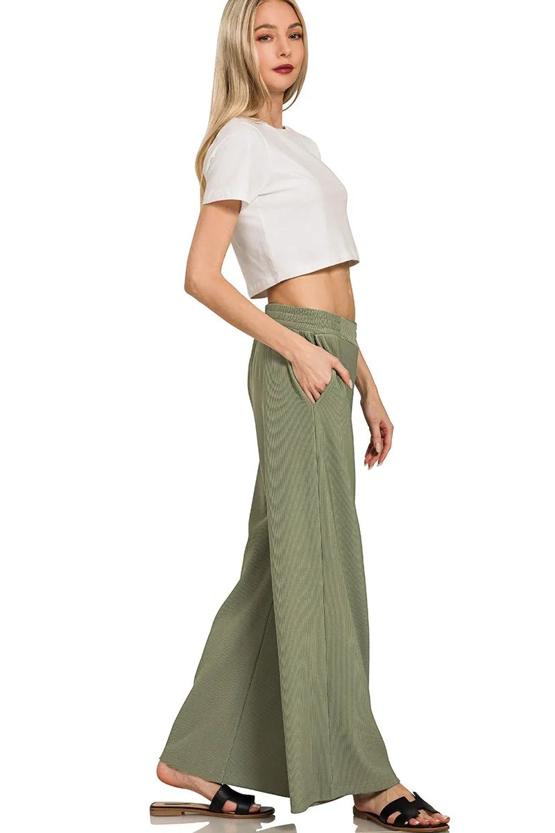 Zenana Ribbed High Neck Half Zip Pullover & Pants Set Outfit Sets